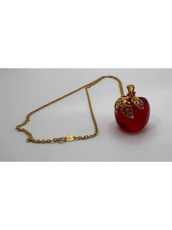 Vintage Avon Red Lucite Apple Pendant Necklace Gold Tone Rhinestone 32” - Picture 4 of 8